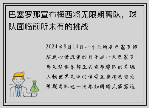 巴塞罗那宣布梅西将无限期离队，球队面临前所未有的挑战